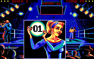 Best of the Best Championship Karate (DOS) screenshot: The ring girl announces the first round. (EGA)