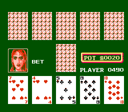 Peek-A-Boo Poker (NES) screenshot: Wow, almost a straight!! Watch out´after I change a card, Pok-er!