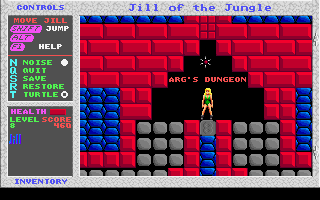 Jill of the Jungle (DOS) screenshot: Jill enters Arg's Dungeon, ready to smash rocks!
