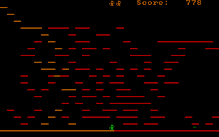 Caverns of Gink (DOS) screenshot: Green arrows come from the right side of the screen so reaching platforms there is tricky