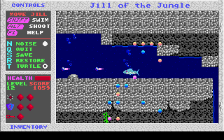 Jill of the Jungle (DOS) screenshot: Transformed into a fish, Jill can still spit missles at her enemies.