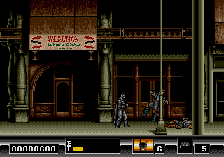 Batman: The Video Game (Genesis) screenshot: On the streets of Gotham City