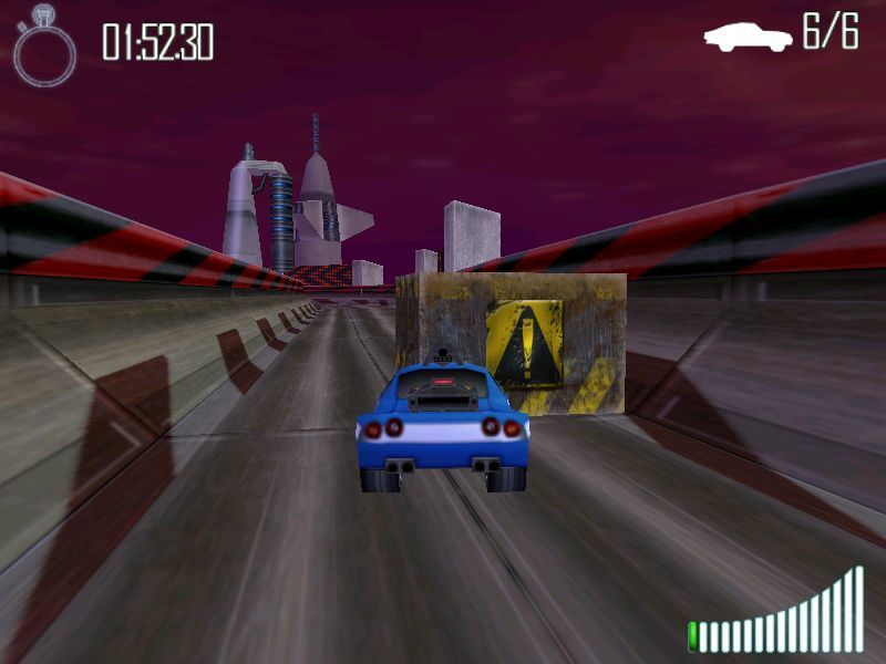 Doomsday Racers (Windows) screenshot: When the player hits an obstacle like this they are stuck. They must press SPACE to have the car replaced on the track so that they can continue