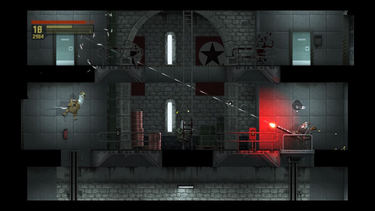 Rocketbirds 2: Evolution (PlayStation 4) screenshot: Using said minigun. Hardboiled I am!