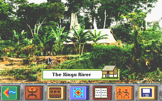 The Amazon Trail (DOS) screenshot: Xingu river village.