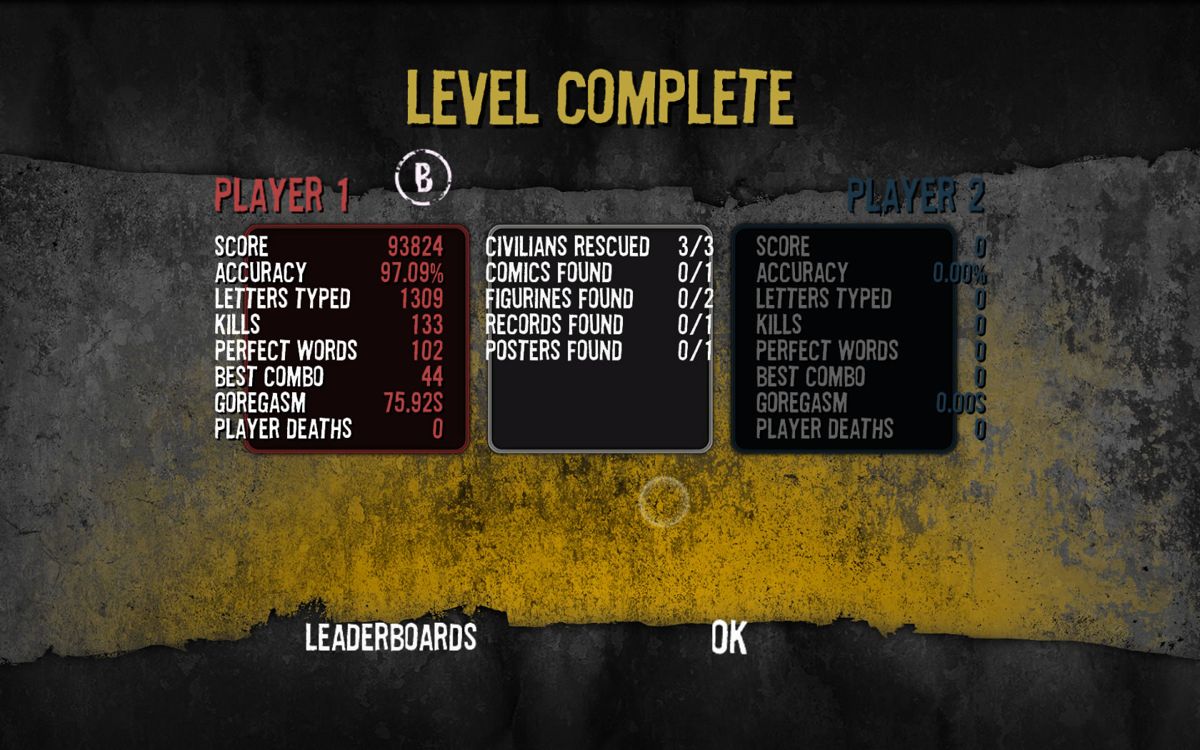 The Typing of The Dead: Overkill (Windows) screenshot: Level results (The Typing of the Dead)