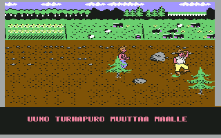 Uuno Turhapuro Muuttaa Maalle (Commodore 64) screenshot: Running at potato field.
