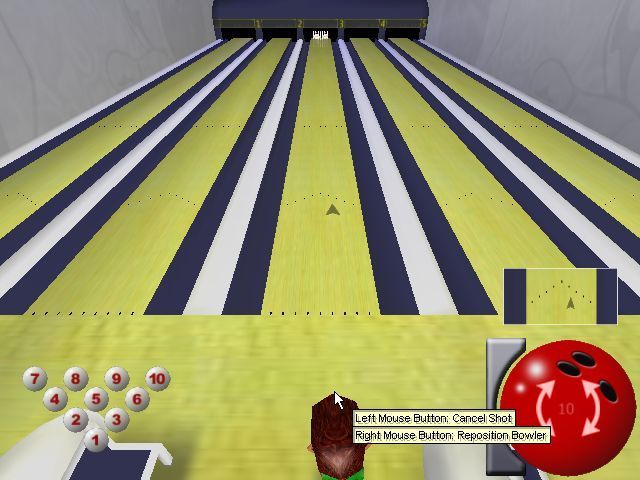 Arcade Bowling (Windows) screenshot: The camera angle changes when the bowler has been positioned and is about to take their shot<br>The tool tips shown here are optional and can be surpessed