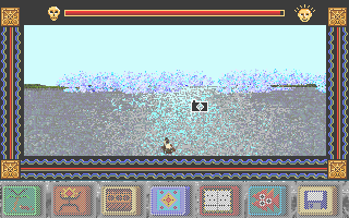 The Amazon Trail (DOS) screenshot: Rowing into the Blue Mist.