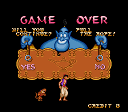 Disney's Aladdin (SNES) screenshot: You have 3 continues (3 wishes)