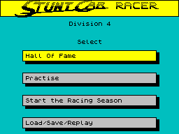 Stunt Track Racer (ZX Spectrum) screenshot: Race type or load/save