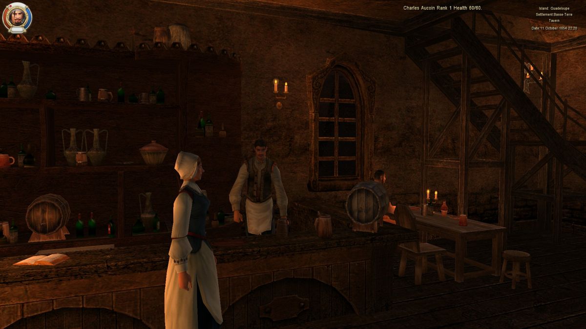 Sea Dogs: To Each His Own (Windows) screenshot: In the tavern, you can rent a room, hire crew, get some juicy missions from the bartender or gamble.