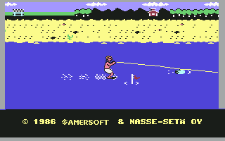 Uuno Turhapuro Muuttaa Maalle (Commodore 64) screenshot: Uuno water surfing.