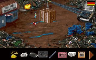 Abenteuer Europa (DOS) screenshot: The hint lead to a dubious junkyard