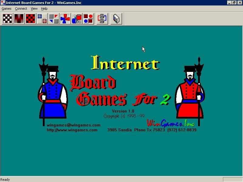 Internet Games For 2 (Windows) screenshot: Title screen and menu. Games can be selected by their icon or via a drop down menu