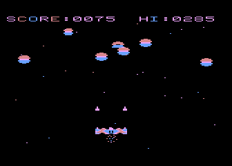 Space Eggs (Atari 8-bit) screenshot: Now I'm using my mid section. It fires two shots.