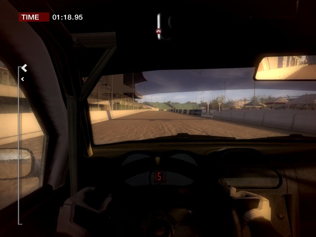 DiRT (Windows) screenshot: Very nice cockpit view of the finish line.