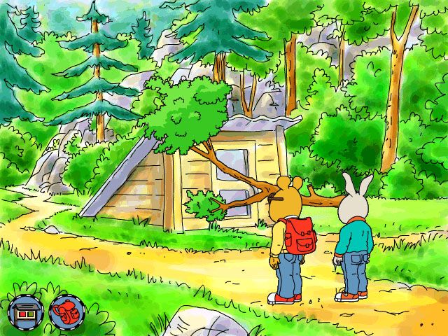 Arthur's Camping Adventure (Windows) screenshot: Exploring the wilderness and stumbling upon a shelter with a felled tree