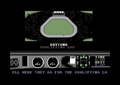 Days of Thunder (Commodore 64) screenshot: "Well here they go for the qualifying lap!"