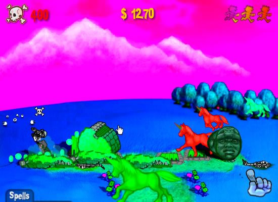 Pillage the Village (Browser) screenshot: Psychedelic unicorns spell!