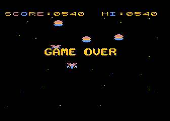 Space Eggs (Atari 8-bit) screenshot: I lost all three lives. Game over.
