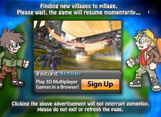 Pillage the Village (Browser) screenshot: Between every ten levels or so, and advertisement appears.