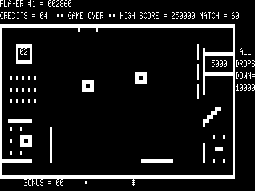 Paddle Pinball (TRS-80) screenshot: Last ball drop - finish score
