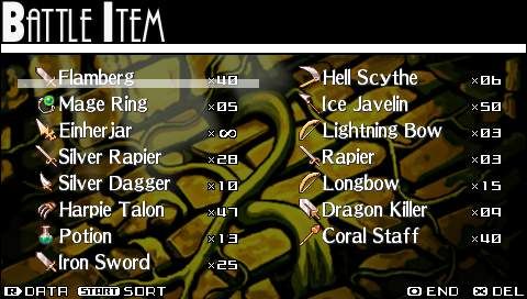 Riviera: The Promised Land (PSP) screenshot: Battle items