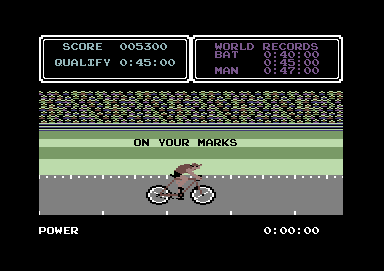Daley Thompson's Super-Test (Commodore 64) screenshot: At the starting line for cycling.