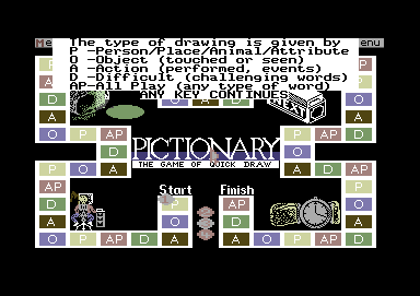 Pictionary: The Game of Quick Draw (Commodore 64) screenshot: Main menu over the board