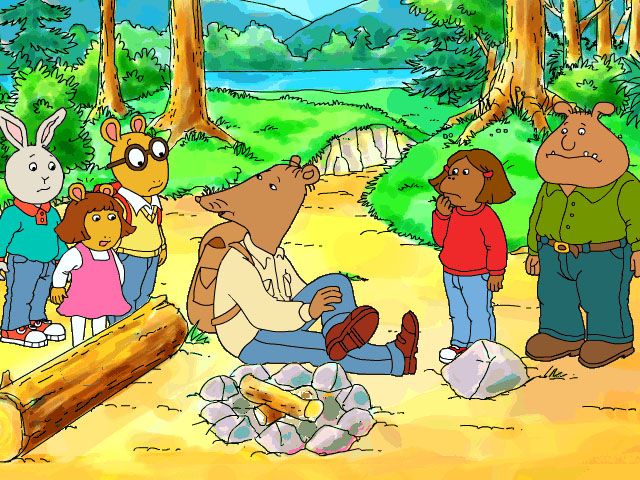 Arthur's Camping Adventure (Windows) screenshot: Mr. Ratburn breaks his leg, thus imperiling the group of young anthropomorphs