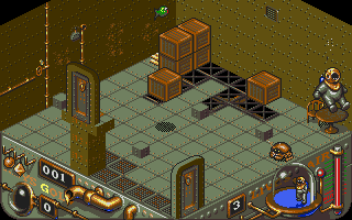 Treasure Trap (DOS) screenshot: Flopped down on a table after finding some crystals.