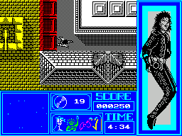 Moonwalker (ZX Spectrum) screenshot: Action keys 8 & 9 move Michael up & down, 6 & 7 move left & right. Combining the keys will make Michael move diagonally.