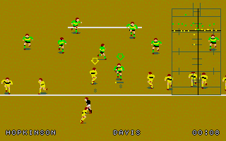 Wembley Rugby League (DOS) screenshot: A match on a muddy field.