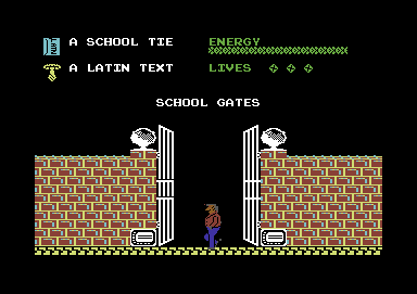 The Happiest Days of Your Life (Commodore 64) screenshot: Starting outside the school gates