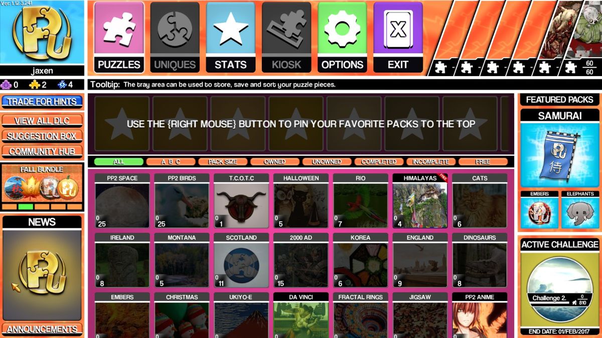 Pixel Puzzles Ultimate (Windows) screenshot: Main menu with the available puzzle packs