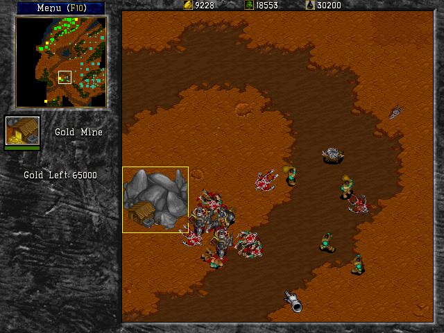 WarCraft II: Tides of Darkness (DOS) screenshot: Knights killing miners. Cutting off your opponent's supply of resources is always a good tactic