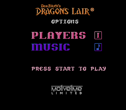 Dragon's Lair (NES) screenshot: Options screen.