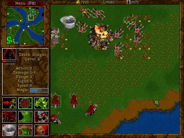 WarCraft II: Tides of Darkness (DOS) screenshot: Death Knights starting a massacre with both the whirlwind spell and the death & decay spell
