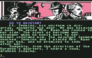Sherlock Holmes in "Another Bow" (Commodore 64) screenshot: Informing General's adjutant, Lt. Jenkins, of the death...
