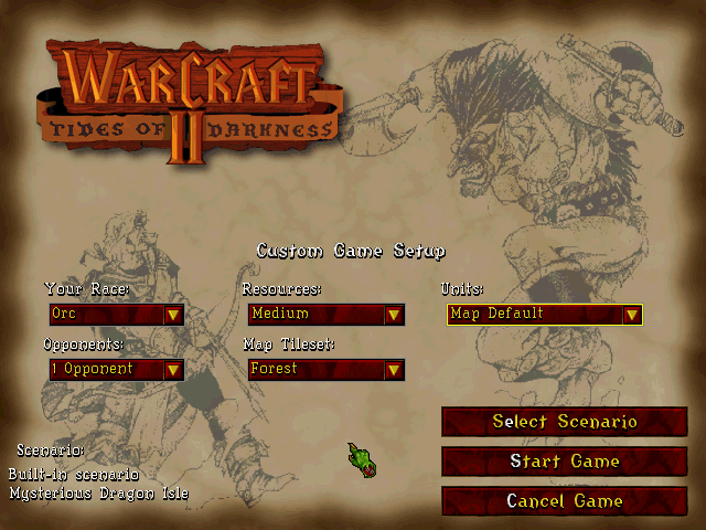 WarCraft II: Tides of Darkness (DOS) screenshot: After you've completed both the human & orc campaign you can always set up a custom scenario if you want to play some more