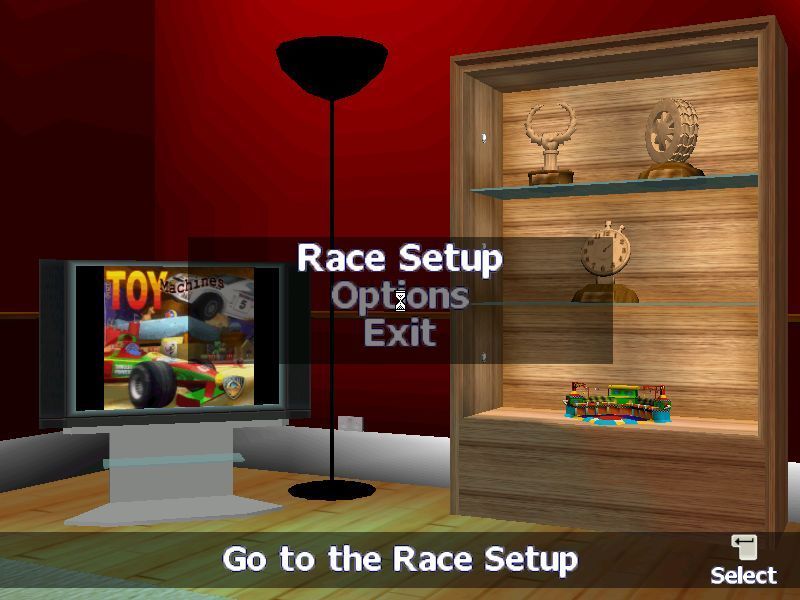 RC Toy Machines (Windows) screenshot: The main menu is a 3D affair<br>When the player selects the race mode for example the viewpoint changes to the three trophies in the cabinet which represent Tournament, Quick Race & Time Trial