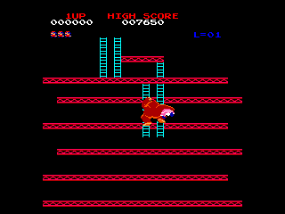 Donkey Kong (TRS-80 CoCo) screenshot: Uh Oh, Donkey Kong has grabbed the girl...