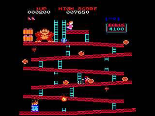 Donkey Kong (TRS-80 CoCo) screenshot: Level 1 - Barrels screen