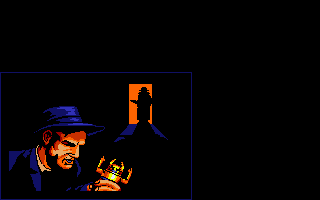 Indiana Jones and the Fate of Atlantis: The Action Game (DOS) screenshot: Comic book intro: Indy looks at a strange statue.