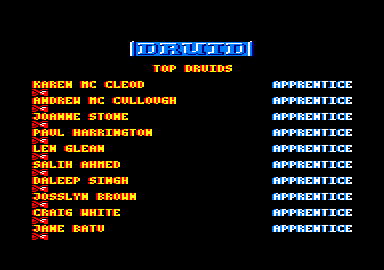 Druid (Amstrad CPC) screenshot: High scores