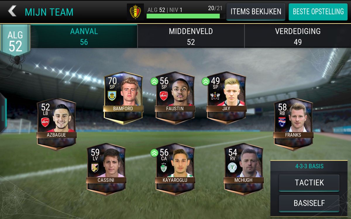 FIFA Mobile (Android) screenshot: Some starting players (Dutch version)