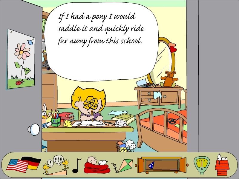 Where's the Blanket Charlie Brown? (Windows) screenshot: Sally writing a composition for school.