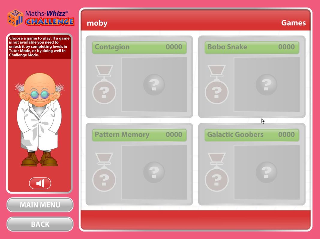 The Professor Presents Maths-Whizz Challenge (Windows) screenshot: The games remain locked until the pupil has completed sufficient work