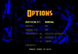 Jurassic Park: Rampage Edition (Genesis) screenshot: Options